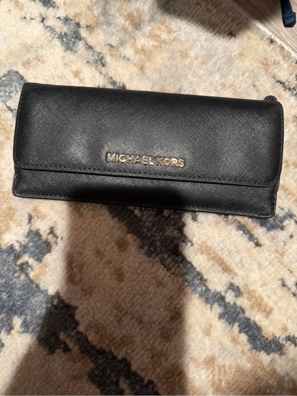 Michael Kors Black Leather Continental Wallet with Gold Logo